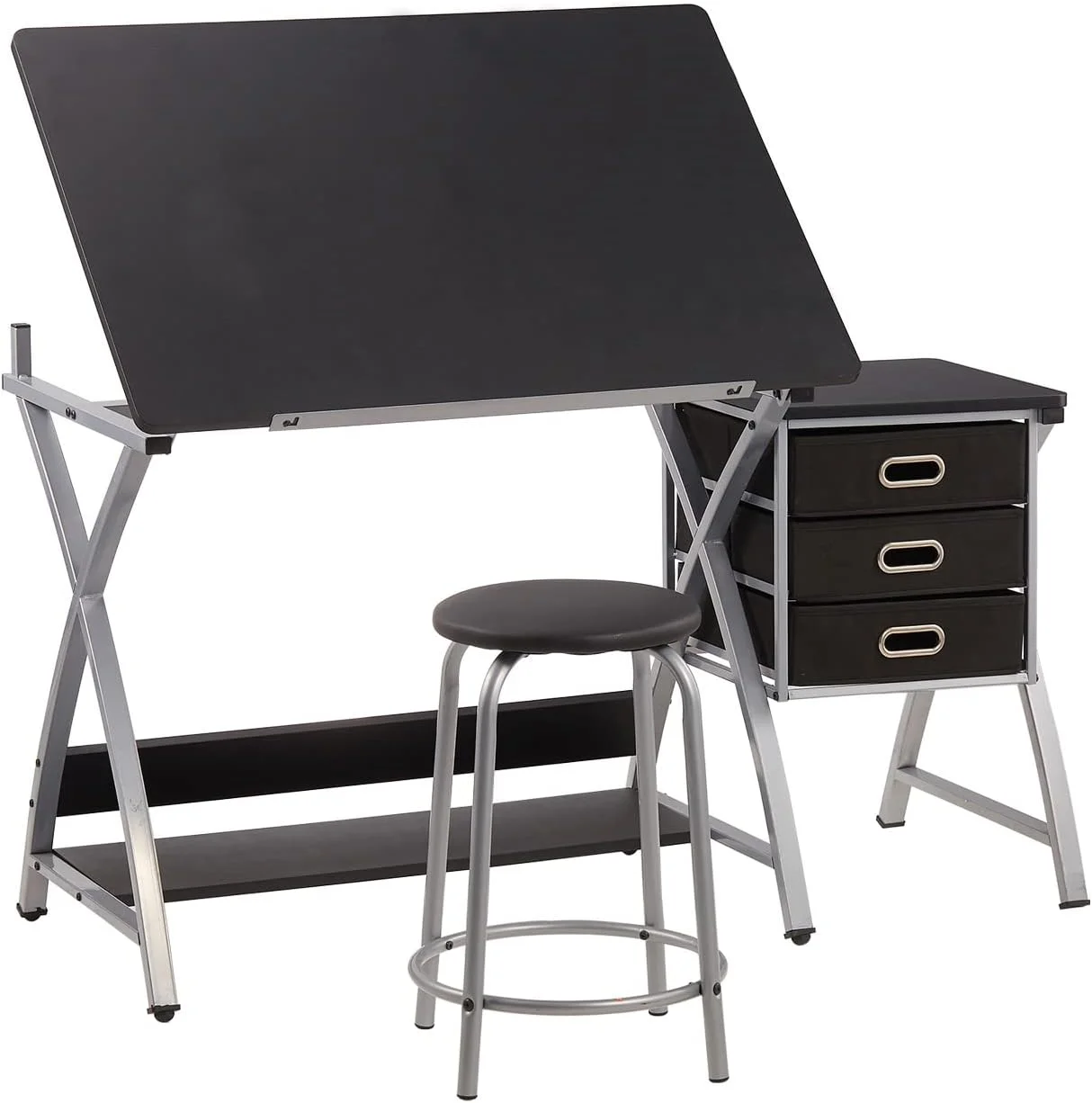Adjustable Drafting Table For Artists With Stool, Sturdy X-Cross Metal Frame Drawing Table With Storage Drawers, Art Desk With Tilted , Craft Station Writing Computer Desk, Black