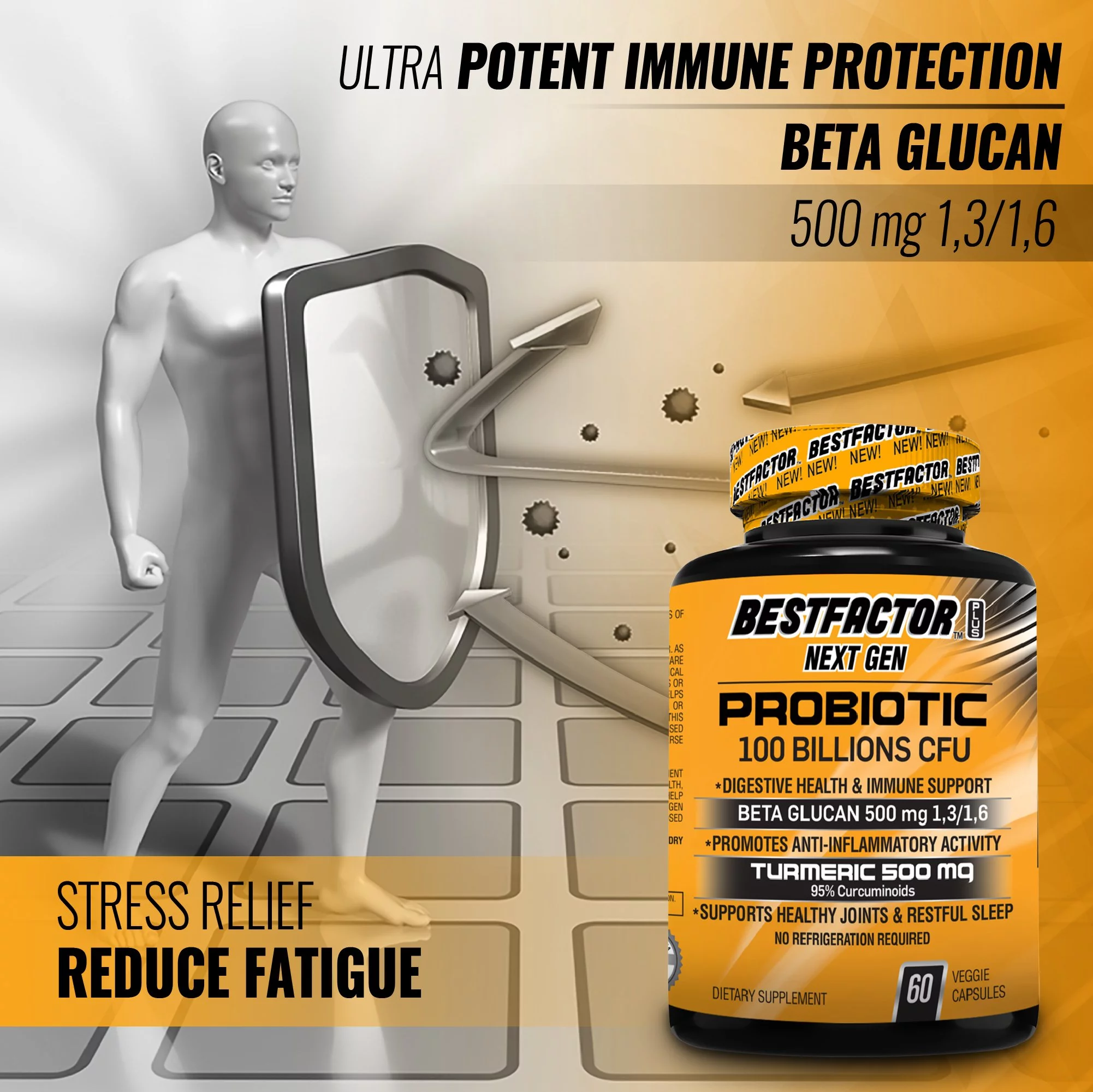 BESTFACTOR PLUS NEXT GEN - IMMUNE SYSTEM BOOSTER PROBIOTICS SUPPLEMENT FOR WOMEN & MEN WITH 100 BILLIONS CFU, TURMERIC 95%  500 MG & BETA GLUCAN 500 MG - DIGESTIVE HEALTH - JOINTS