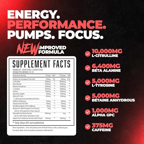 Wrecked Pre Workout, Advanced Formula, Boosts Energy, Focus, Pumps & Performance, 10g L-Citrulline, 6.4g Beta Alanine, 5g Tyrosine, 1g Alpha GPC, 375mg Fast-Acting Caffeine & More