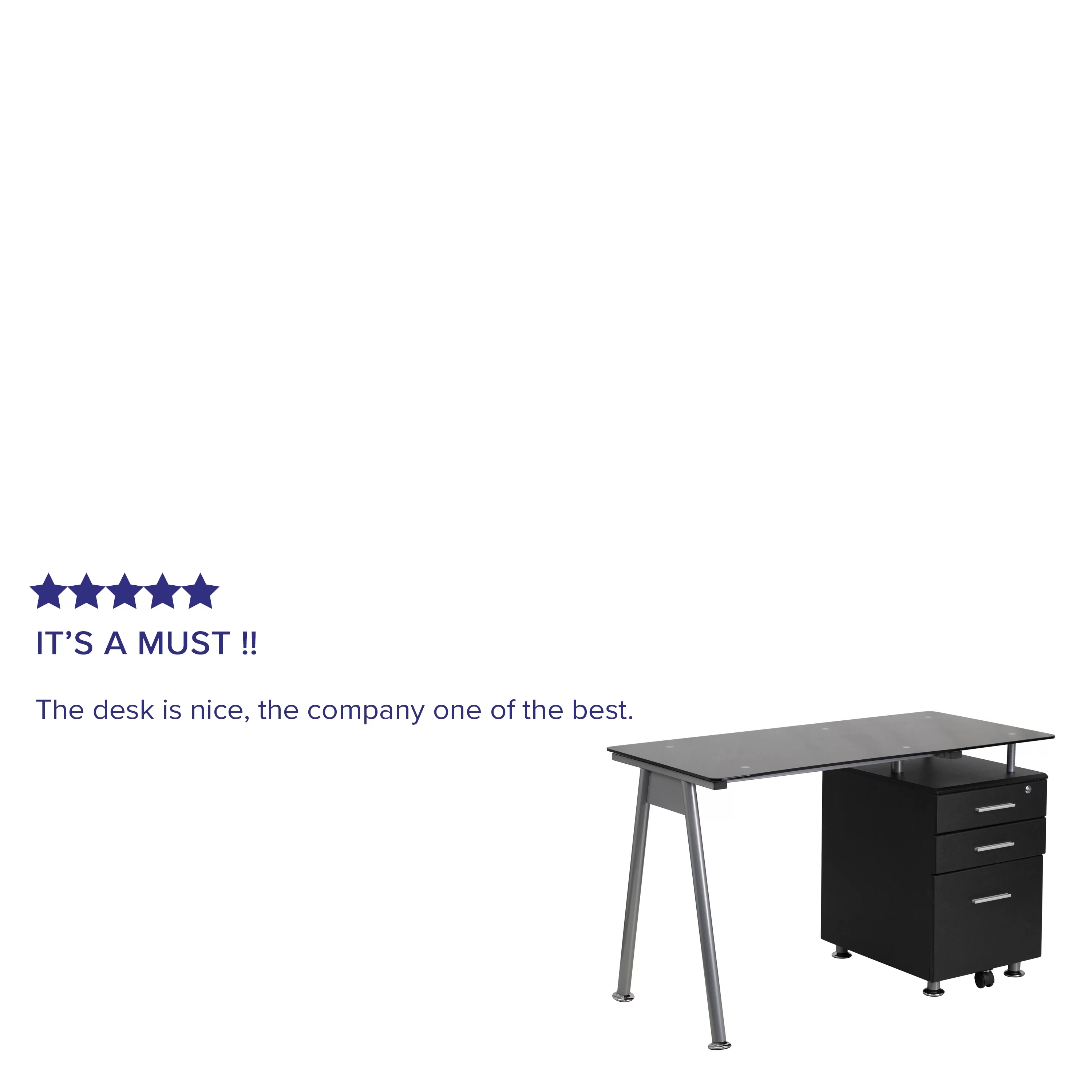 Emma + Oliver Black Glass Computer Desk with Three Drawer Pedestal