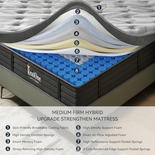 REALONE Queen Mattress – 12 Inch Hybrid Mattress in a Box, Enhanced Individually Pocket Springs, Medium Firm Feel, Pressure Relief & Breathable Comfort, Durable Construction, CertiPUR-US Certified