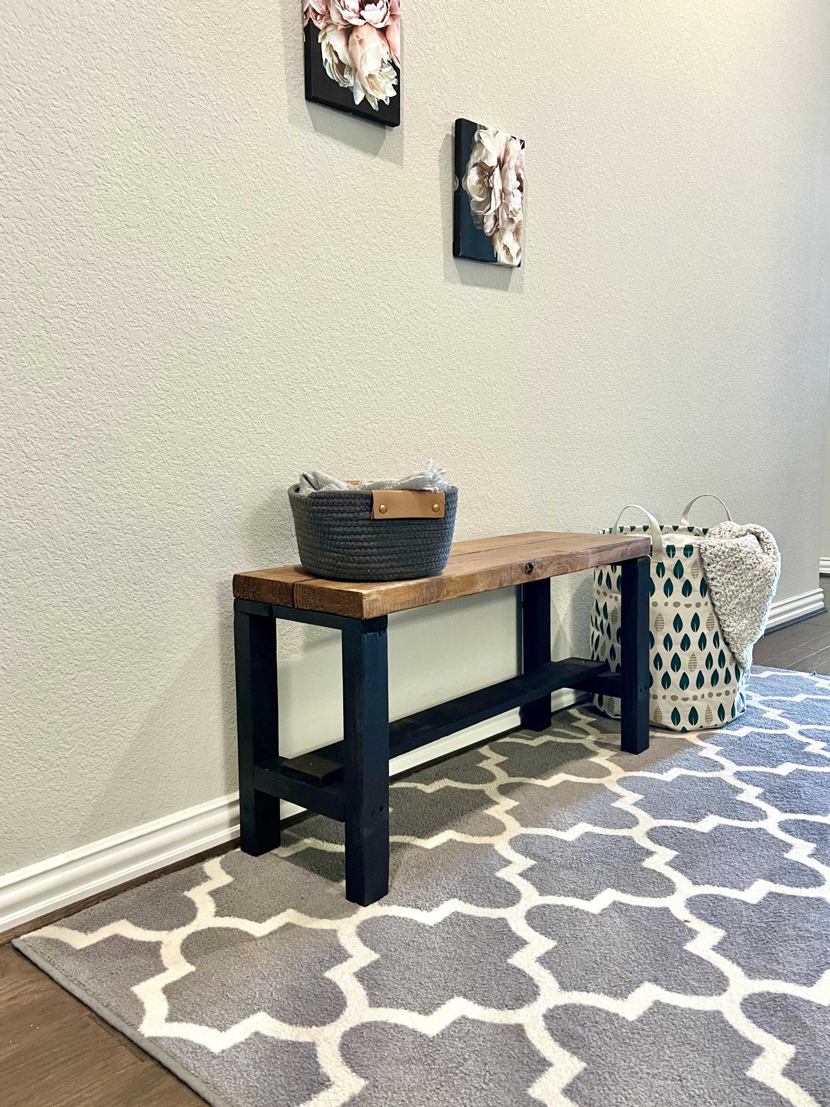 Rustic Bella Two Tone Real Solid Pine Wood Farmhouse Entryway Accent Bench, Black and Light Brown