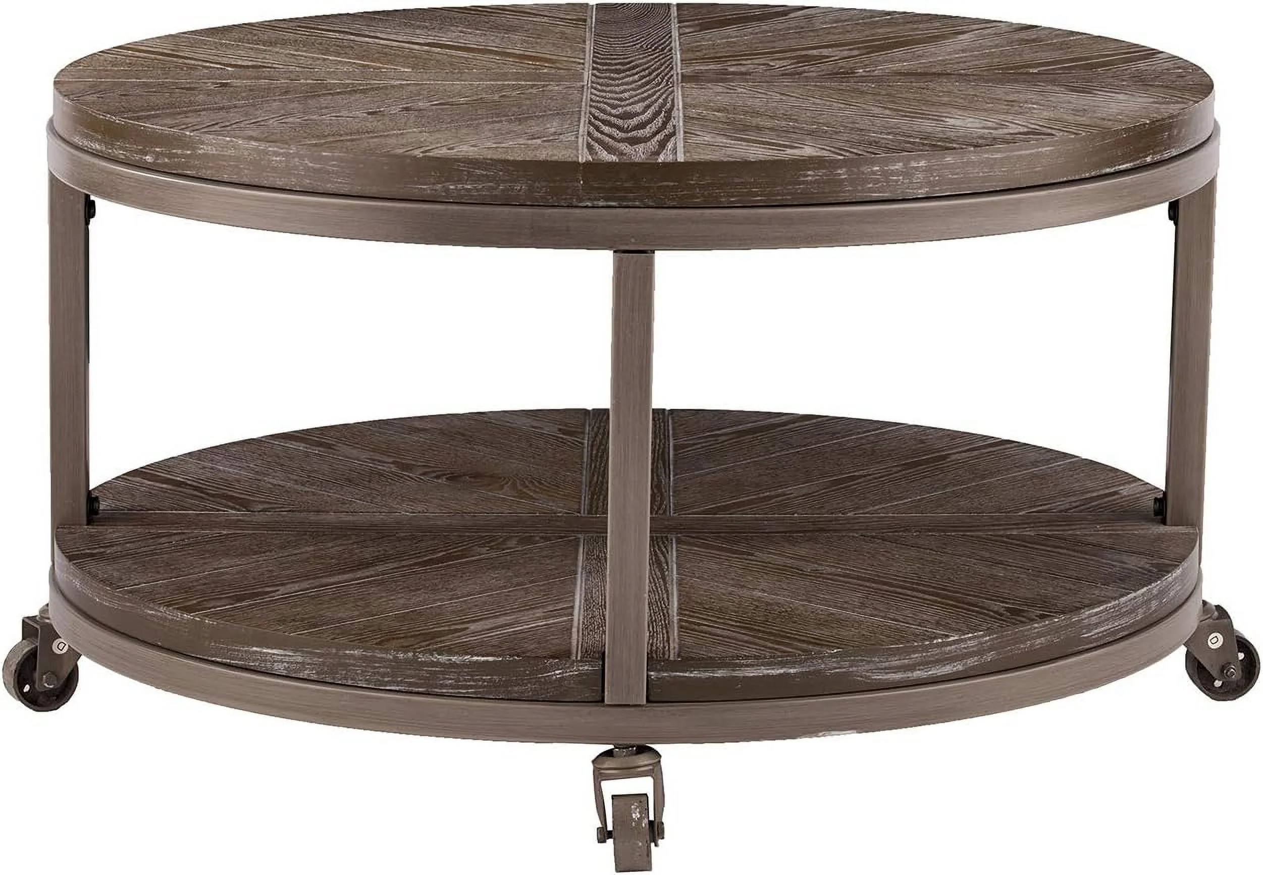 Konya Urban Industrial Round Coffee Table, White-Limed Burnt Oak/Distressed Gray