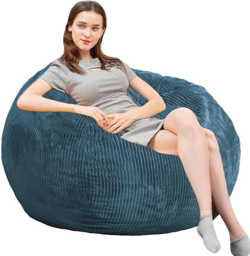 Bean Bag Chair 3Ft Luxurious Faux Rabbit Fur Memory Foam Bean Bag Chairs for Adults/Teens with Filling,Ultra Soft Faux Fur Fabric, Round Fluffy Sofa for Living Room Bedroom College Dorm (Blue)