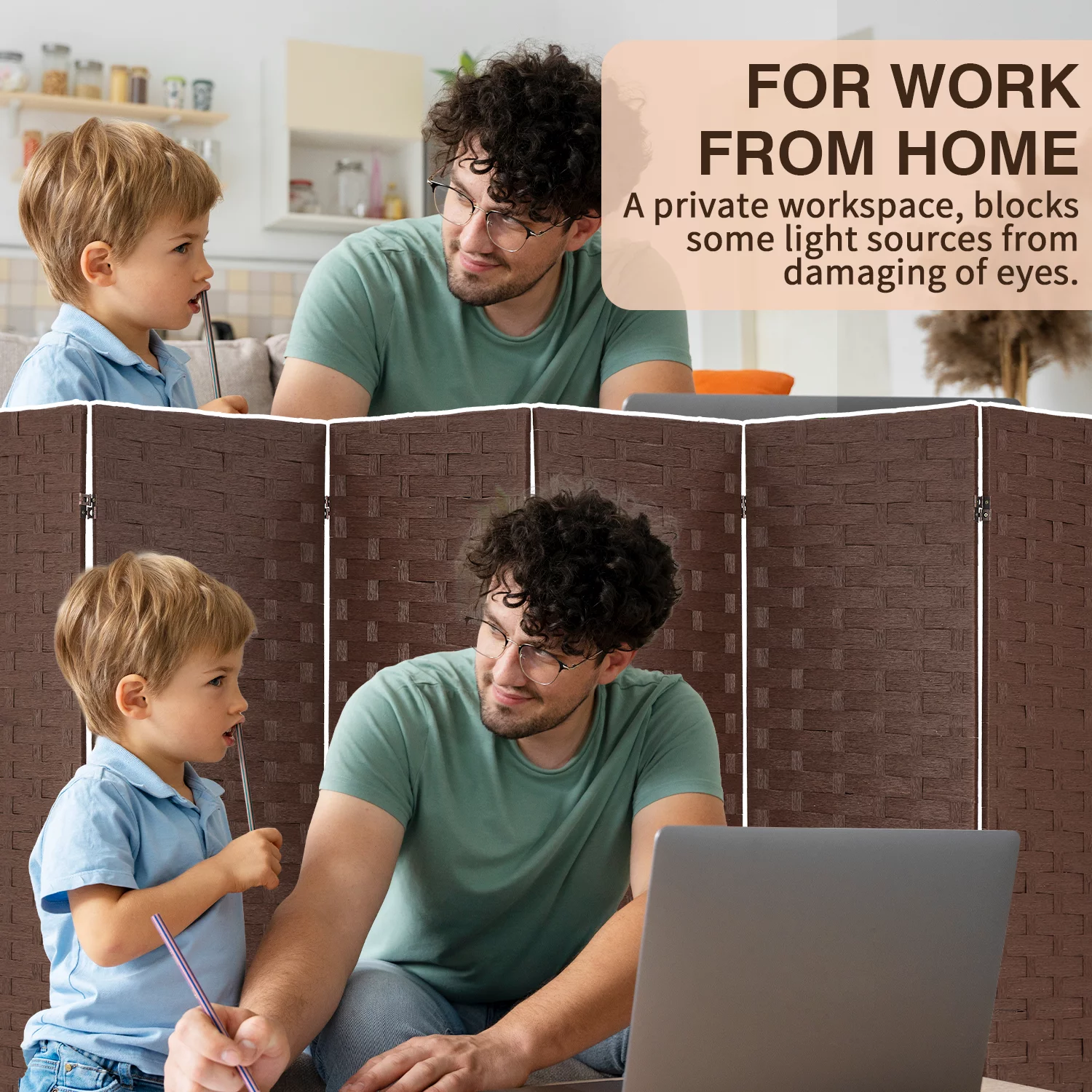 YODOLLA 6 Panels Room Divider, 6 FT Tall Weave Fiber Room Divider, Double Hinged Folding Privacy Screens, Freestanding Room Dividers, Brown