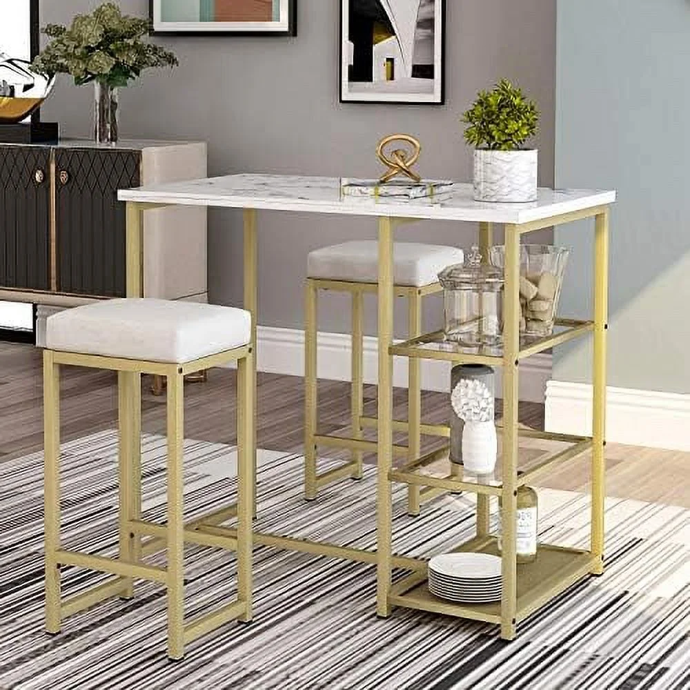 TJUNBOLIFE 3 Piece Pub Table Set with Solid Metal Frame  Industrial Dining Table with 2 Chairs for Kitchen  Breakfast Nook  Dining Room  Living Room  Small Space (White/Gold)