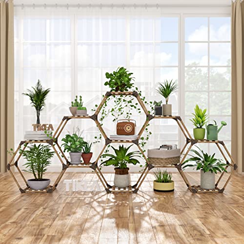 Tikea Plant Stand Indoor Hexagonal Plant Stand for Multiple Plants Indoor Outdoor Large Wooden Plant Shelf Creative DIY 6 Tiered Flowers Stand Rack for Living Room Balcony Patio Window