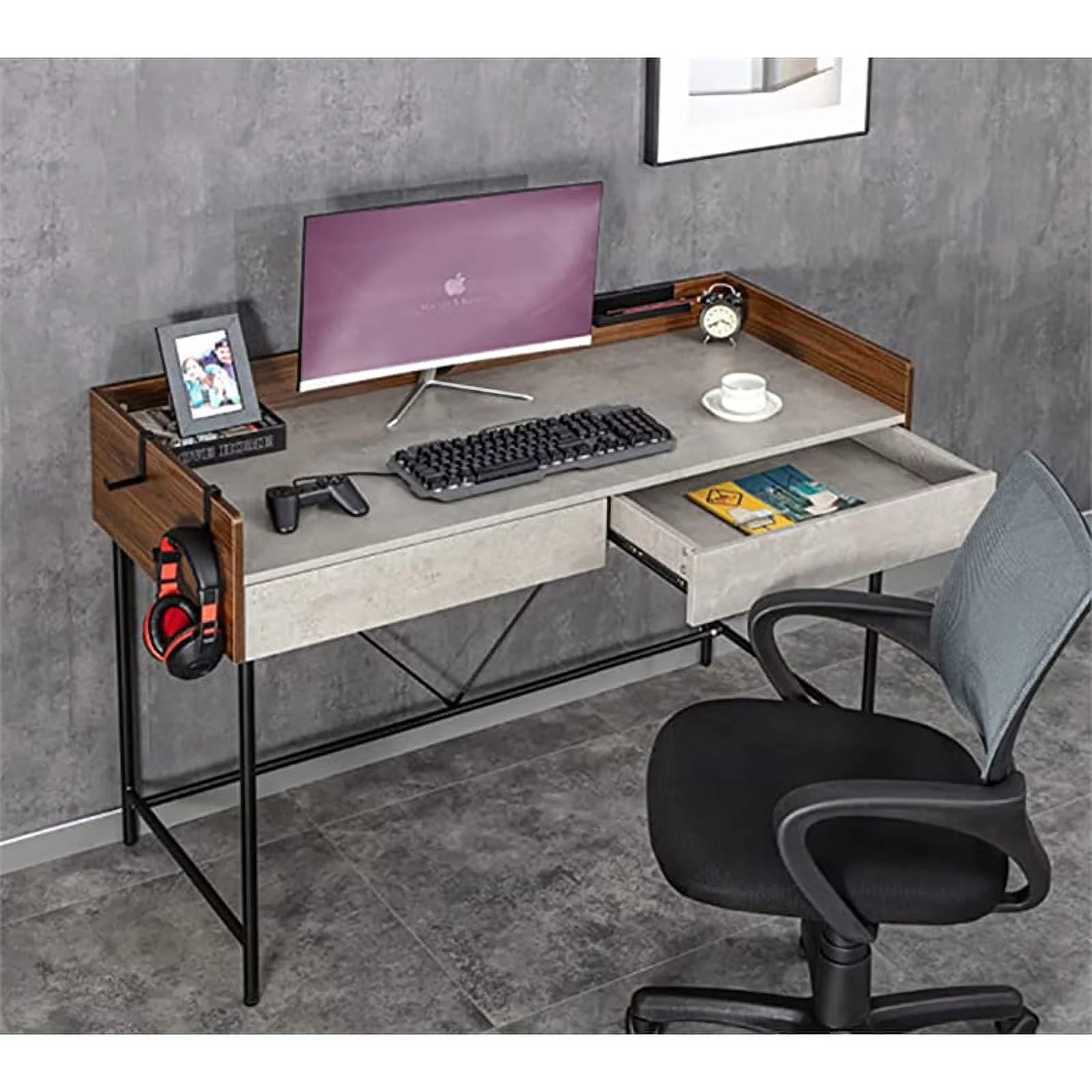 JJS Wood/Metal Home Office Writing Desk with Drawers in Walnut/Cement