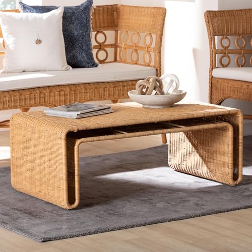 bali & pari Nevada Rattan Coffee Table – Handwoven Boho Accent Table, Light Honey