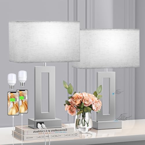 Bedroom Table Lamps Set of 2 - White Silver Touch Bedside Lamps with USB C+A, 3 Way Dimmable Gold Lamp for Nightstand, Modern Night Stands Lamps for Living Room End Tables