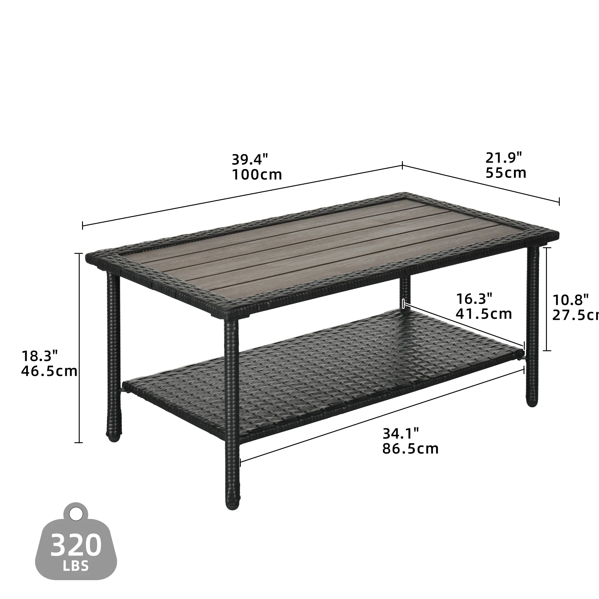 Dextrus Indoor Outdoor Wicker Coffee Table,Patio Furniture Rectangle Outside Side Table-Black