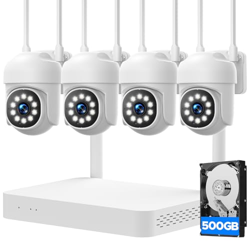 Home Security Camera System, 4Pcs PTZ Wireless Cameras with Auto Human/Pet/Vehicle Detection, 10CH 4K NVR with 24-7 Recording, 2-Way Audio, Smart Color Night Vision, Outdoor Surveillance Kit