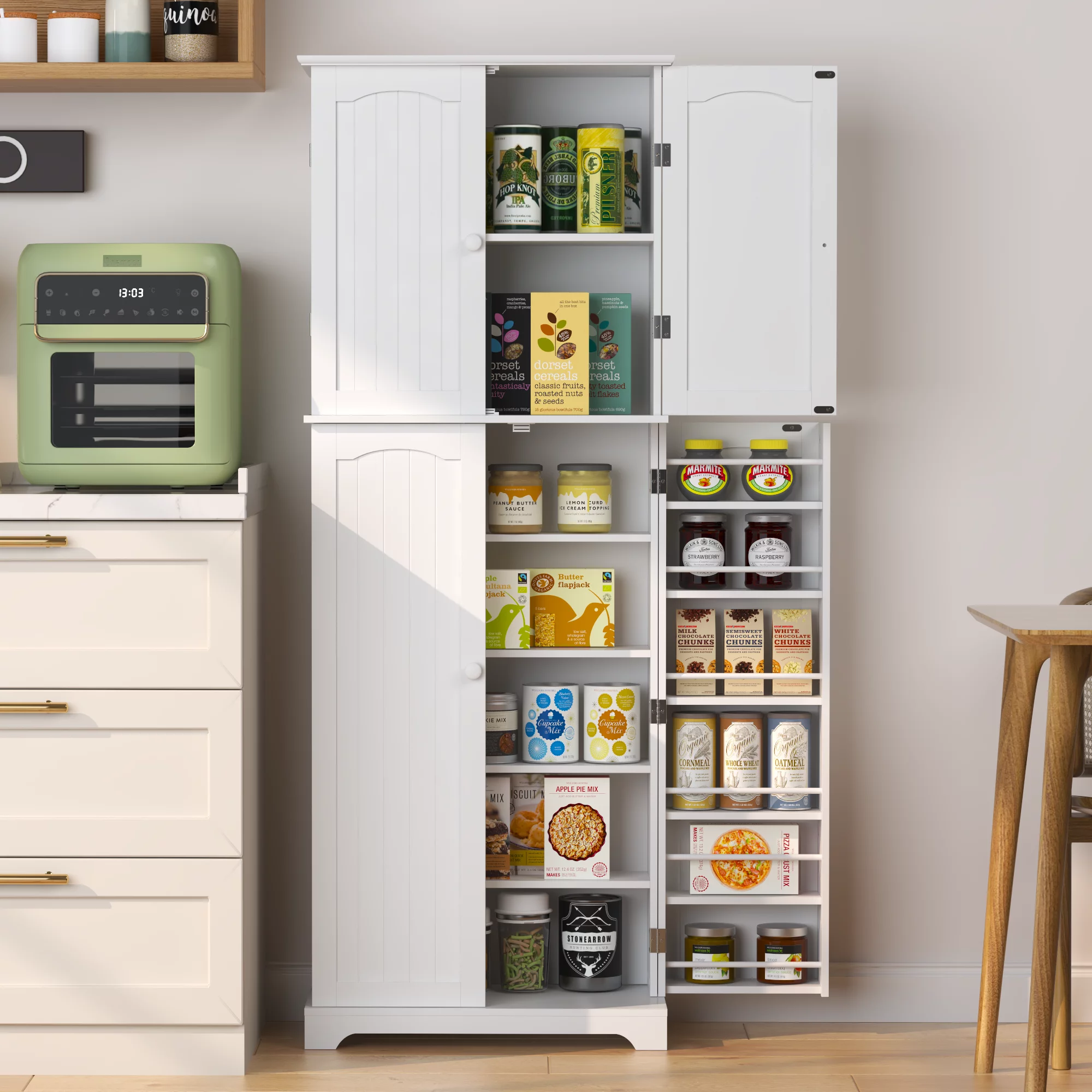 HOMEFORT Tall Kitchen Pantry Storage Cabinet with Doors and Shelves, Wooden Food Pantry Farmhouse Cupboard Freestanding Buffet for Kitchen Dining Living Room, White