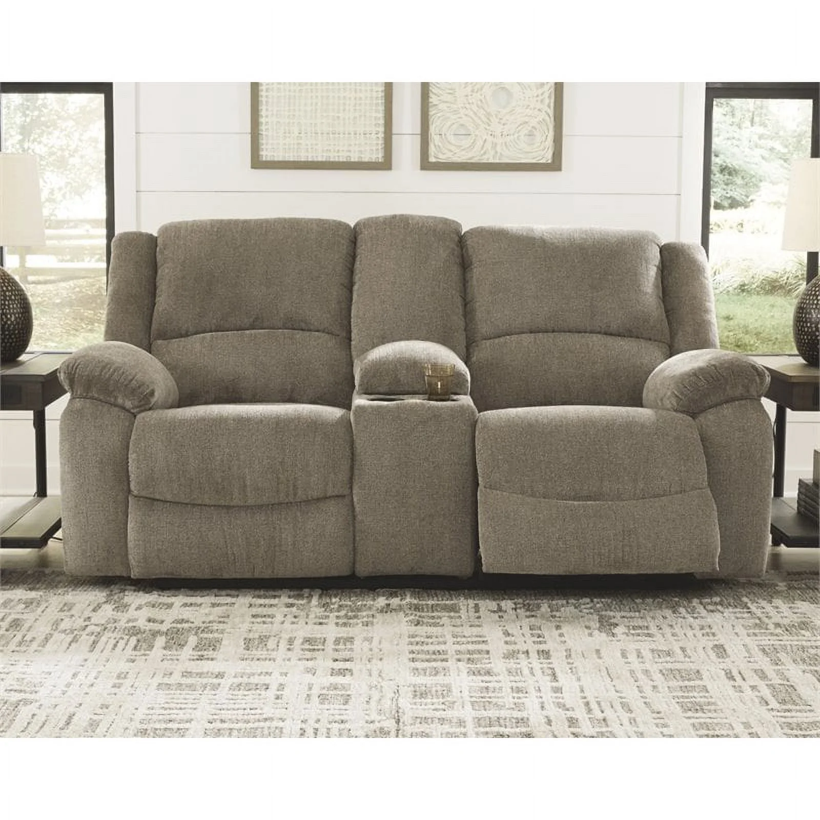 Bowery Hill Contemporary Fabric Reclining Loveseat with Console in Pewter