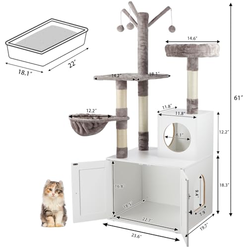 Cat Tree Tower with Litter Box Enclosure, 2-in-1 Wooden Cat Condo with Sisal Scratching Post, Hammock, Brown