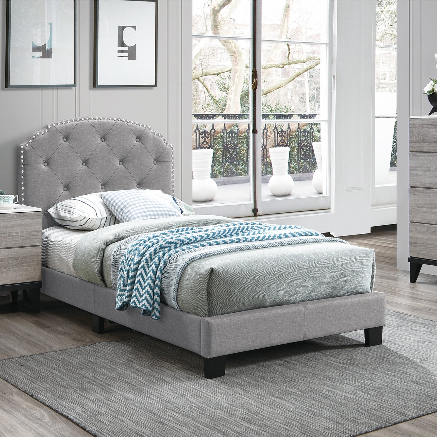 Poundex F9573T Youth Upholstered Bed Frame with Slats in Light Gray Burlap Fabric - Twin Size