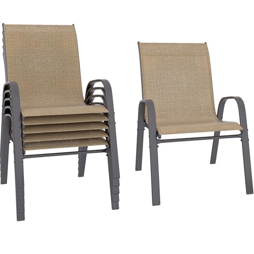 Patio Chairs Set of 6, Stackable Outdoor Dining Chairs Set with Breathable Seat Fabric, All-Weather Powder-Coated Metal Frame for Deck, Pool Side and Backyard, 350LBS Capacity (Grey)