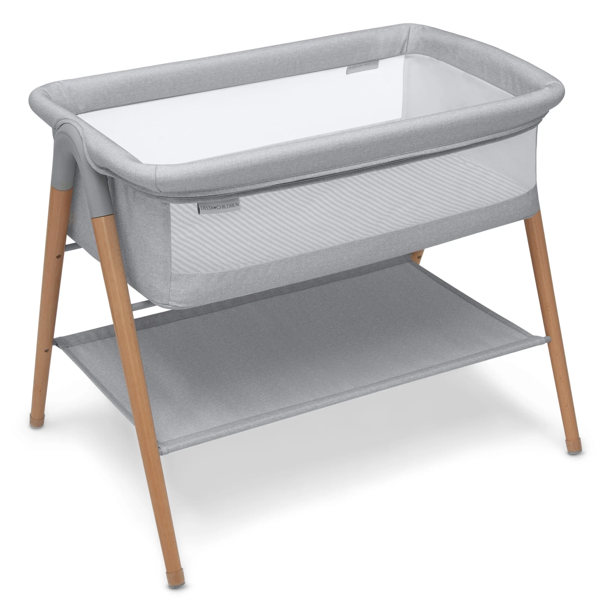 Delta Children Haven Beechwood by the Bed Bassinet with Breathable Mesh and  Natural Beechwood Legs, Grey Stripe