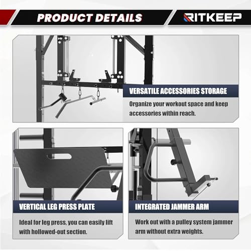 Smith Machine with Jammer Arms & Leg Press with Adjustable Dual Pulley Ratio (1:1 & 2:1), PMAX-4750 All-in-One Commercial & Home Gym Equipment, Heavy-Duty Steel Frame by RitKeep