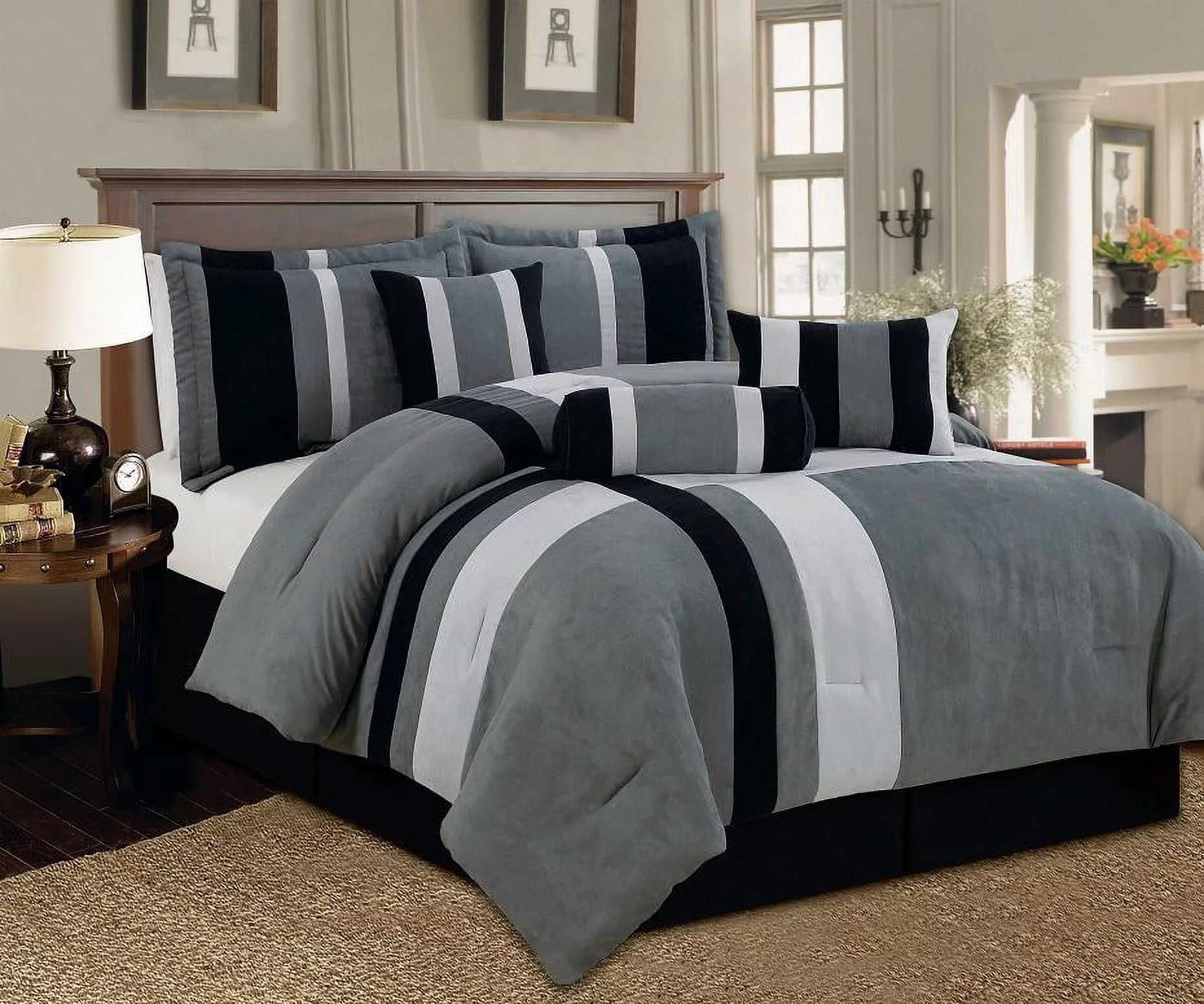 Aberdeen Queen Size 7-Piece Luxurious Comforter Set Micro Suede Soft Bed in a Bag Patchwork Black Gray & White