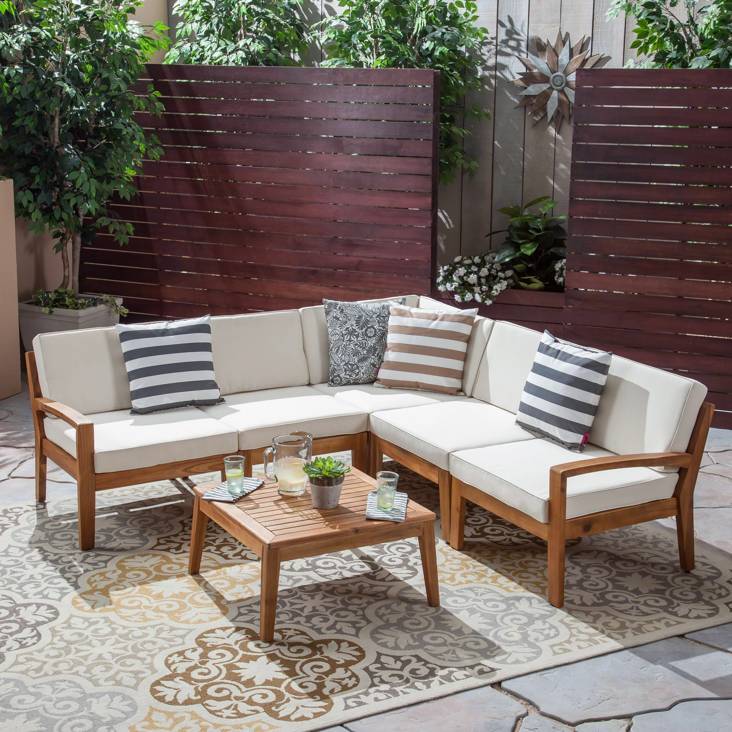 GDF Studio Parma Outdoor Acacia Wood 5 Seater Sectional Sofa Set, Teak and Beige