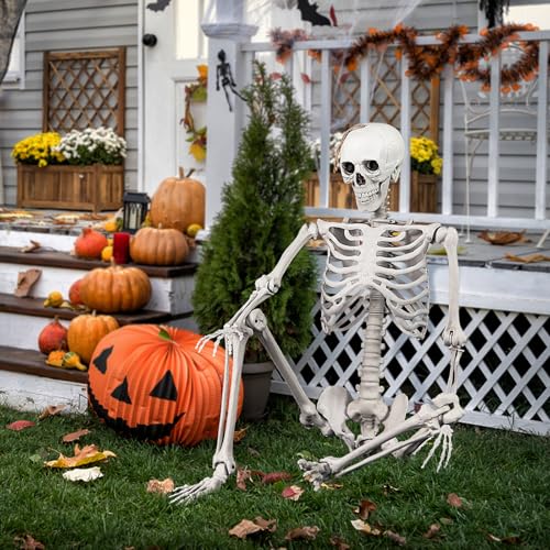 GOFLAME 5.4 FT Halloween Skeleton Decoration, Life Size Large Skeleton with Posable Joints, Hanging Rope, Spooky Indoor & Outdoor Skeleton Prop for Porch, Yard, Lawn, Haunted House, Graveyard