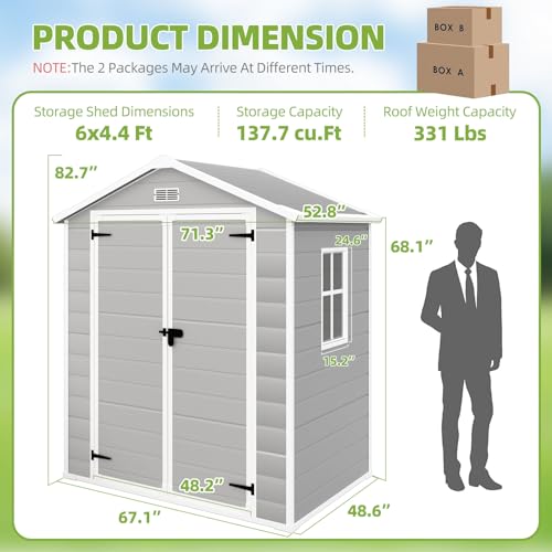 Outdoor Storage Shed 6x4.4FT, Resin Shed Plastic with Floor for Garden Tool,Waterproof Outdoor Resin Storage,Lockable Doors for Patio,Yard,Lawn (LightGray 6x4)