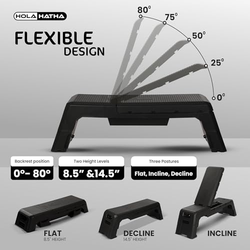 HolaHatha Adjustable Multi-Functional Exercise Bench 440 Pound Capacity Foldable Incline Deck, 8.5 to 14.5 Inch Height, Compact Design,