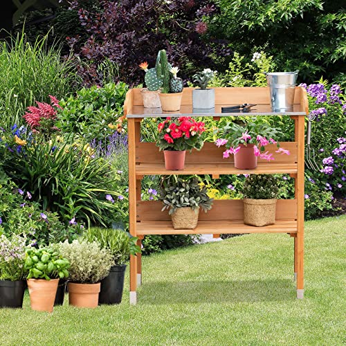 LUARANE Wooden Garden Potting Bench Work Station, 3-Tier Storage Shelf, Metal Tabletop Bonsai Table with 5 Hooks on The Side