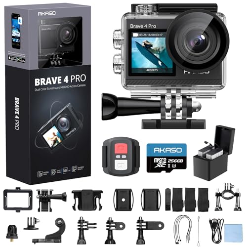 AKASO Brave 4 Pro 4K30 Action Camera with 256GB MicroSD U3 Card 131FT Underwater Waterproof Camera EIS Touch Screen Remote Control with 2x1350mAh Batteries and Helmet Accessories Kit Bundle
