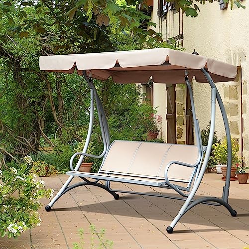 Outsunny 3-Seat Outdoor Porch Swing Chair, Patio Swing Glider with Adjustable Canopy, Breathable Seat, and Steel Frame for Garden, Poolside, Backyard, Beige