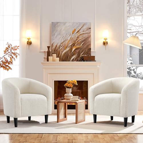Yaheetech Accent Barrel Chair, Boucle Fabric Club Chair, Furry Sherpa Elegant Armchair with Cozy Soft Padded, Suitable for Living Room Bedroom Reception Room Office, Ivory