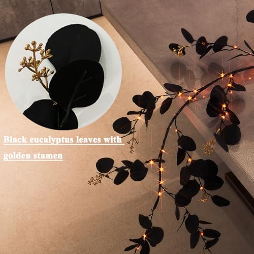 BAOLITVINE Lighted Halloween Black Eucalyptus Garland Battery Operated with 8 Functions 6FT 96 Bi-Color Fairy Lights, Black Garland with Lights for Fall Halloween Party Decoration
