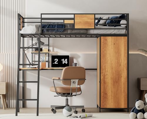 Merax Twin Size Loft Bed Frame with L-Shape Desk, Stairs, Storage Large Wardrobe and Shelves for Kids, Metal & Wood Bedroom, Children’s Room Furniture, Light Walnut + White