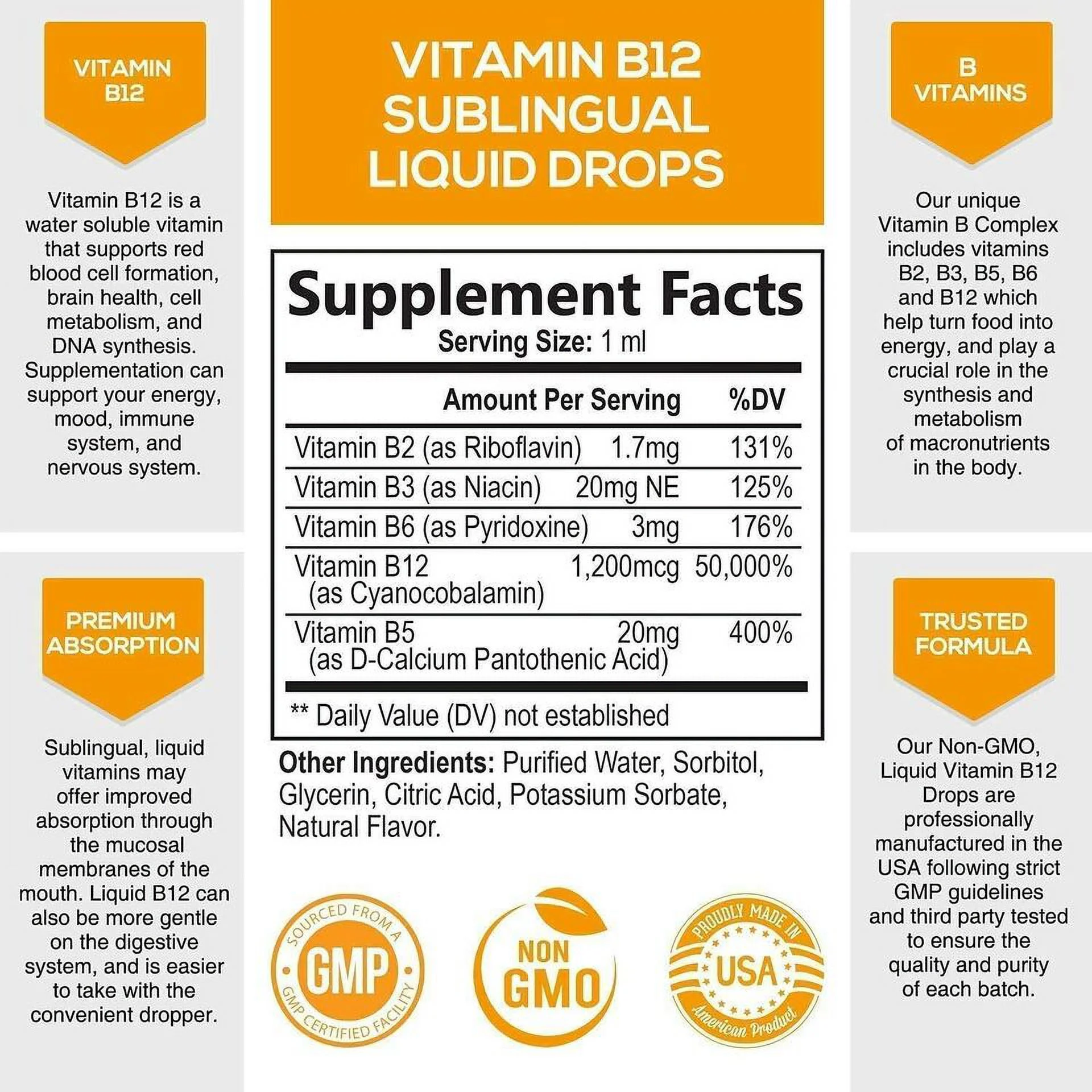 Vitamin B12 Sublingual Liquid Drops 1200mcg 2 OZ