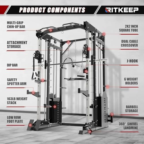 Smith Machine,RitKeep PMAX 5600 Pro,All-in-One Home Gym Equipment Featuring 2200lb Load Capacity and 320lb Weight Stack,Includes T-Bar Row,LAT Pulldown Bar,and More Attachment,for Home Gym Use