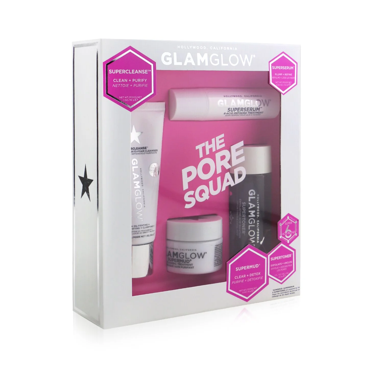 Glamglow The Pore Squad Set: 1x Supercleanse Clearing Cream-To-Foam Cleanser - 30g/1oz + 1x Superserum 6-Acid Refining Treatment - 10ml/0.34oz + 1x Supermud Clearing Treatment - 15g/0.5oz +  1x Supertoner Exfoliating Acid Solution - 30ml/1oz  4pcs