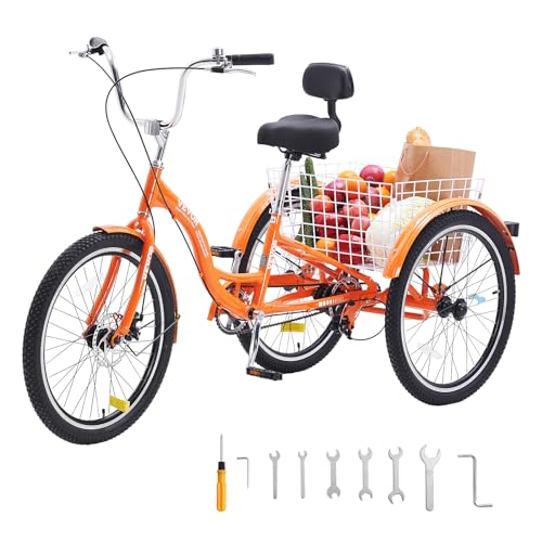 VEVOR Adult Tricycles Bike, 24 Inch Three-Wheeled Bicycles, 3 Wheel Bikes Trikes, Aluminum Alloy Cruiser Bike with Basket & Adjustable Seat, Picnic Shopping Tricycles for Seniors, Women, Men (Orange)