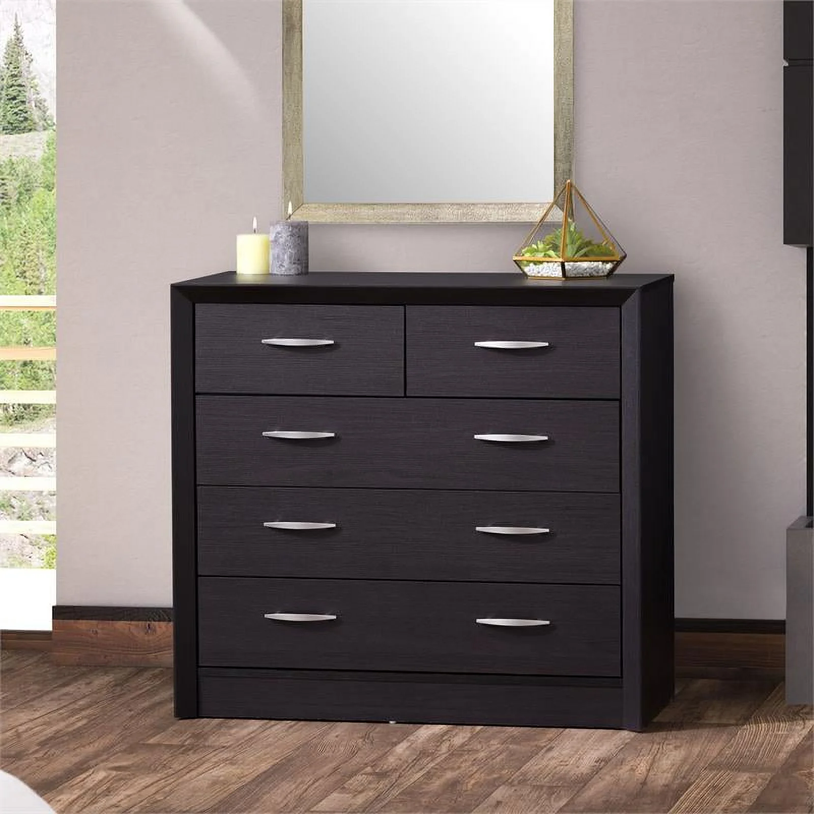 Bowery Hill 5-Drawer Mid-Century Engineered Wood Dresser in Black Oak