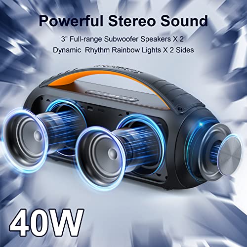 Portable Bluetooth Speaker, Loud Boombox Speaker with Subwoofer, Powerful Deep Bass Stereo Sound, IP65 Waterproof, Wireless Outdoor Speaker for Camping, Beach, Party, Support TWS/USB/TF Card/AUX