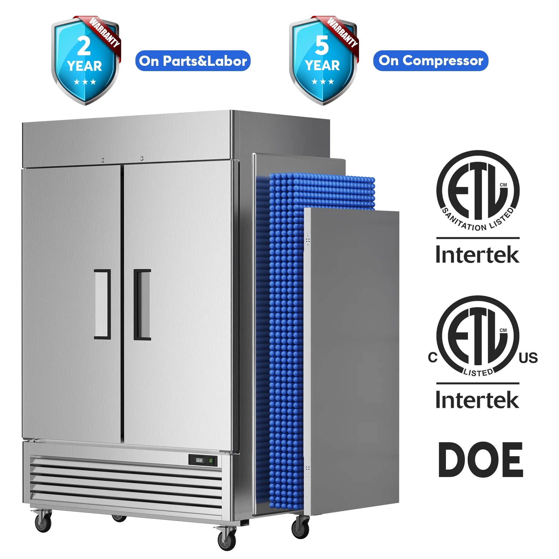 Coolski 54’’ Commercial Refrigerator with 8 Shelves, Stainless Steel Reach-in Refrigerators with 49 Cu.Ft. Capacity 2 Solid Doors for Restaurant Cafe Garage, ETL NSF Approved