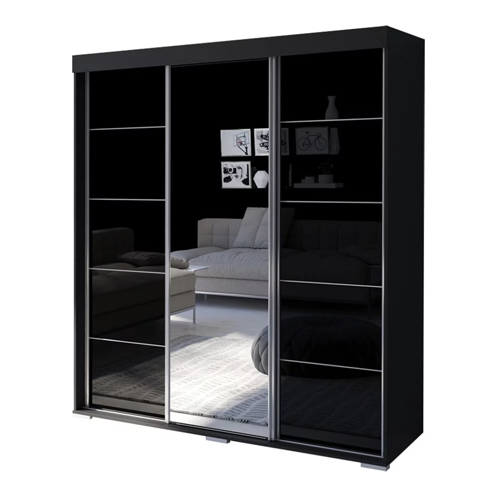 Meble Furniture & Rugs Aria Modern 3-door Wardrobe Armoire with Mirror Black