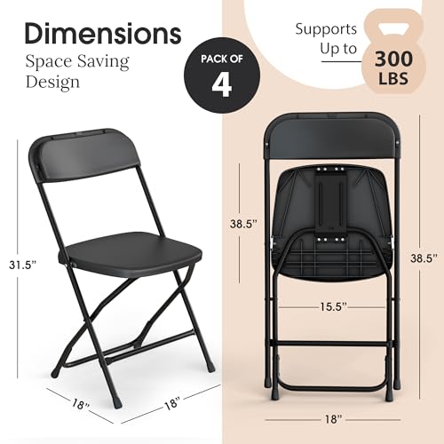 4 PACK White Foldable Plastic Chair | Folding & Stackable | 350 lbs Capacity Steel Frame Seats for Indoor Outdoor | Commercial Use Events Wedding Party Events Bulk Picnic Kitchen Dining