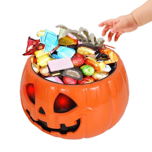 Halloween Skull pumpkin Bowl，Animated trick or treat bucket talking large funny scary candy Bowl dispenser for porch hand grabber Candy treat plastic Dish ，for Halloween decor indoor Party