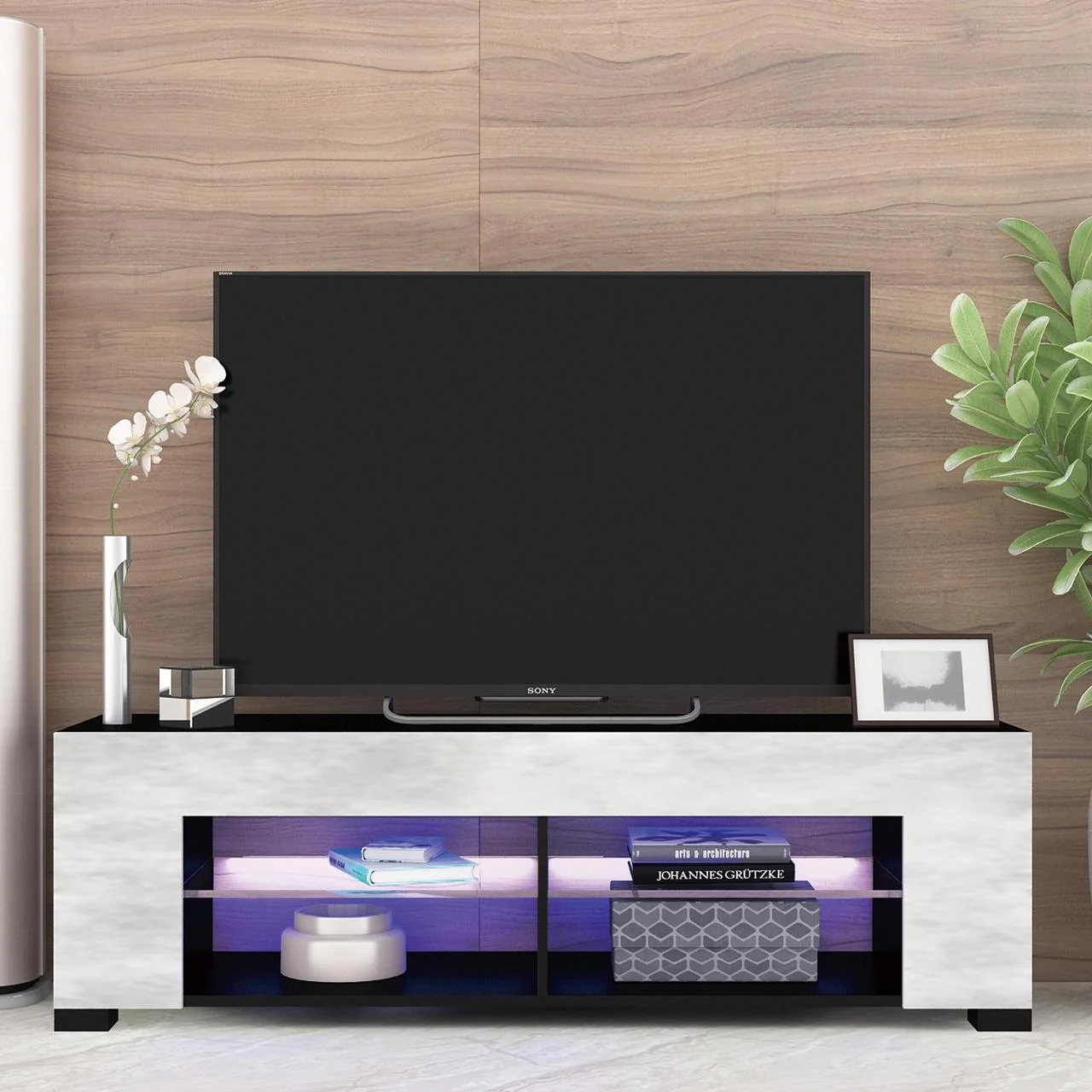 TV Stand for 32-60 Inch TVs Modern Low Profile Black+Stone Grey Entertainment Center with LED Lights 57 Inch Small TV Console Media Table with Glass Shelves and Hidden Side Bookshelf for Living Room