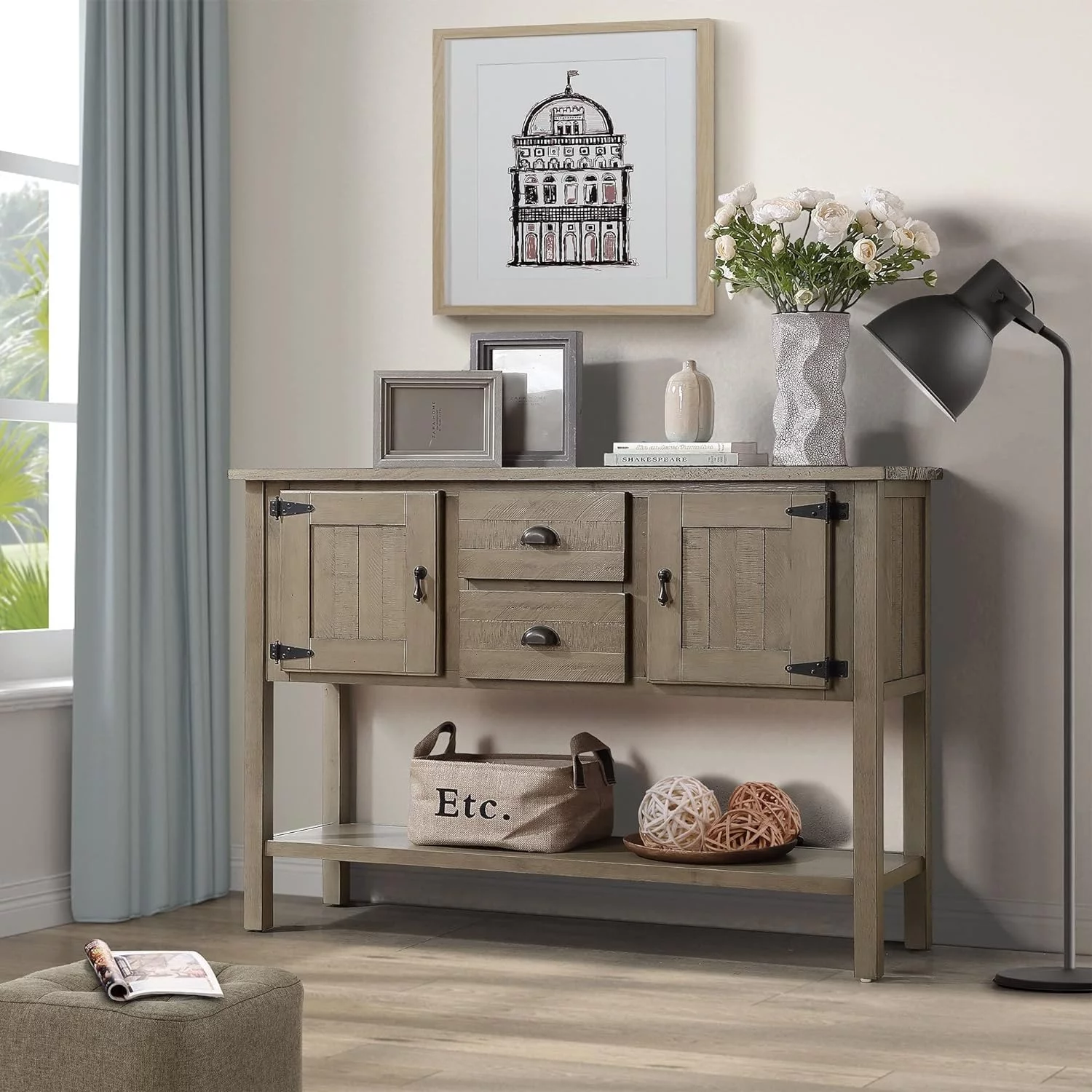 48 Inch Console Table With 2 Drawers And Cabinets And Bottom Shelf, Style Solid Wood Sideboard Storage Dining Buffet Server Cabinet For Living Room Kitchen Dining Room(Rustic)