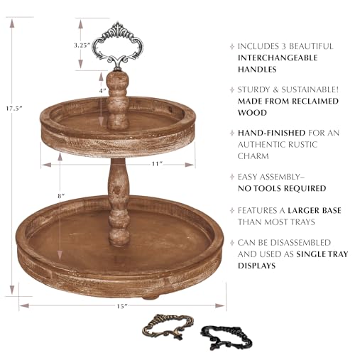 2 Tiered Tray Stand [Includes 3 Changeable Handles] - Rustic Cupcake Stand, Coffee Table Tiered Serving Tray for Kitchen Counter, Stunning Rustic Home Decor, Display Fruits, Plants, Candles (Black)