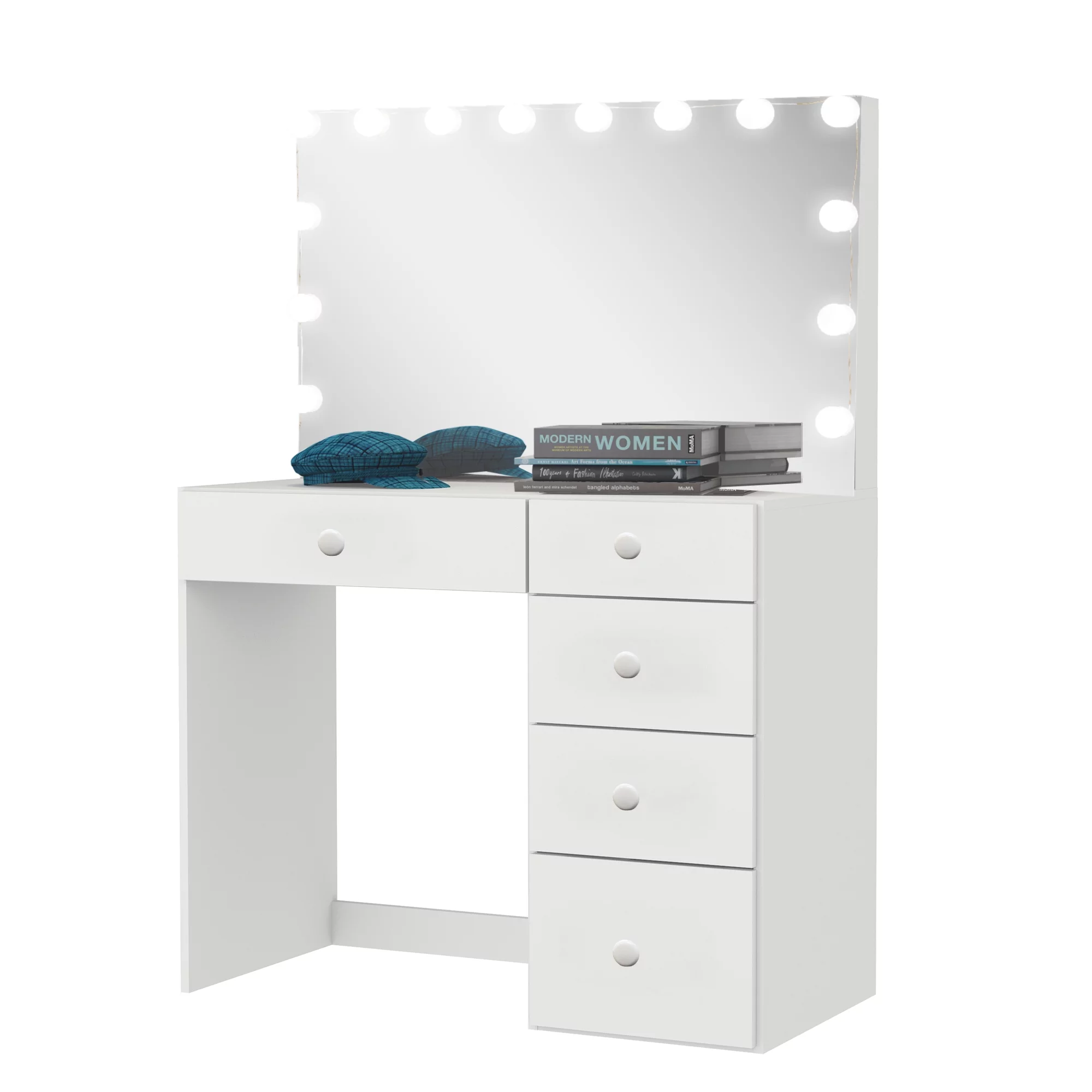 Boahaus Saranya Modern Vanity Desk with Light Bulbs, 5 Drawers, White