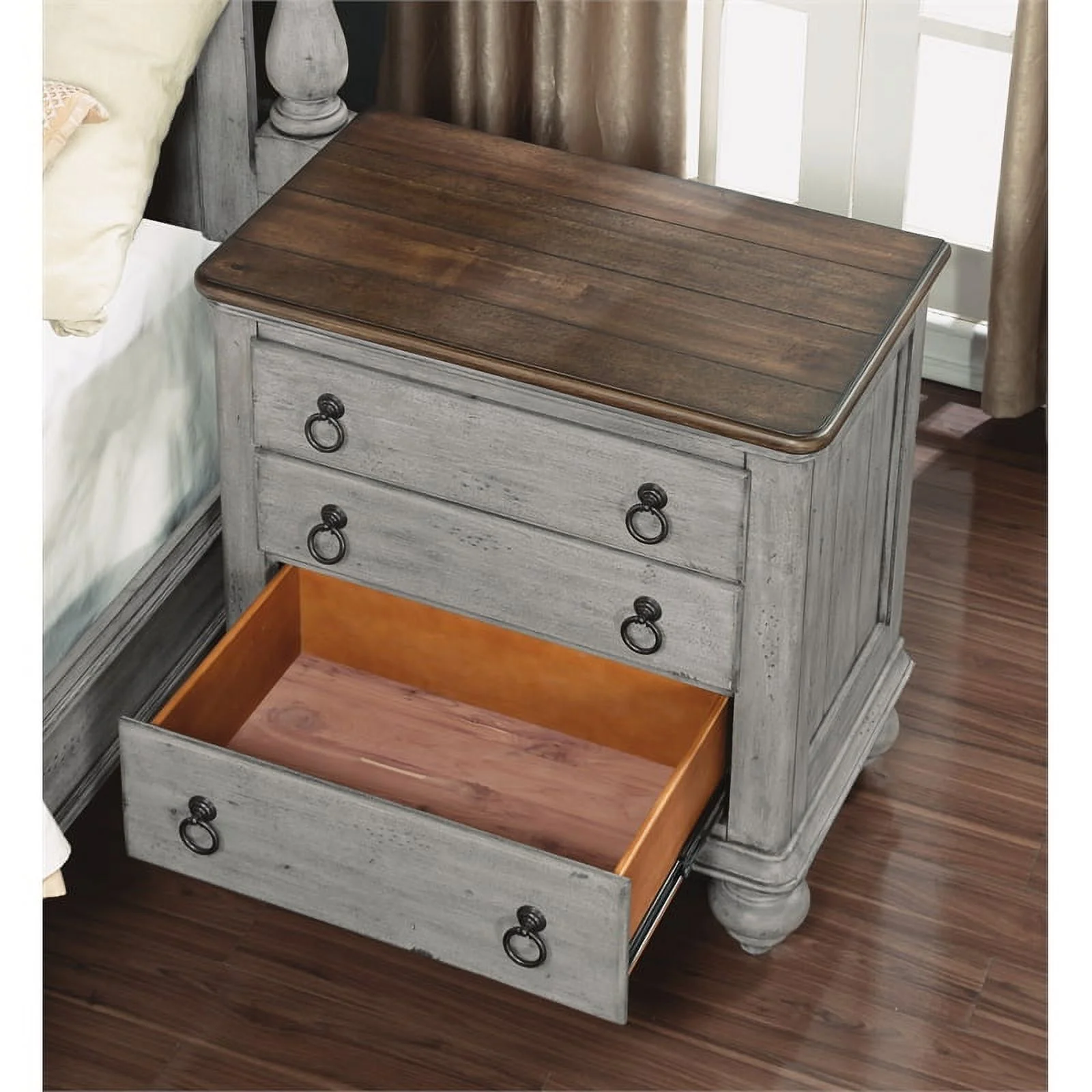 Homestyles Plymouth Weathered Gray Nightstand with Three Drawers