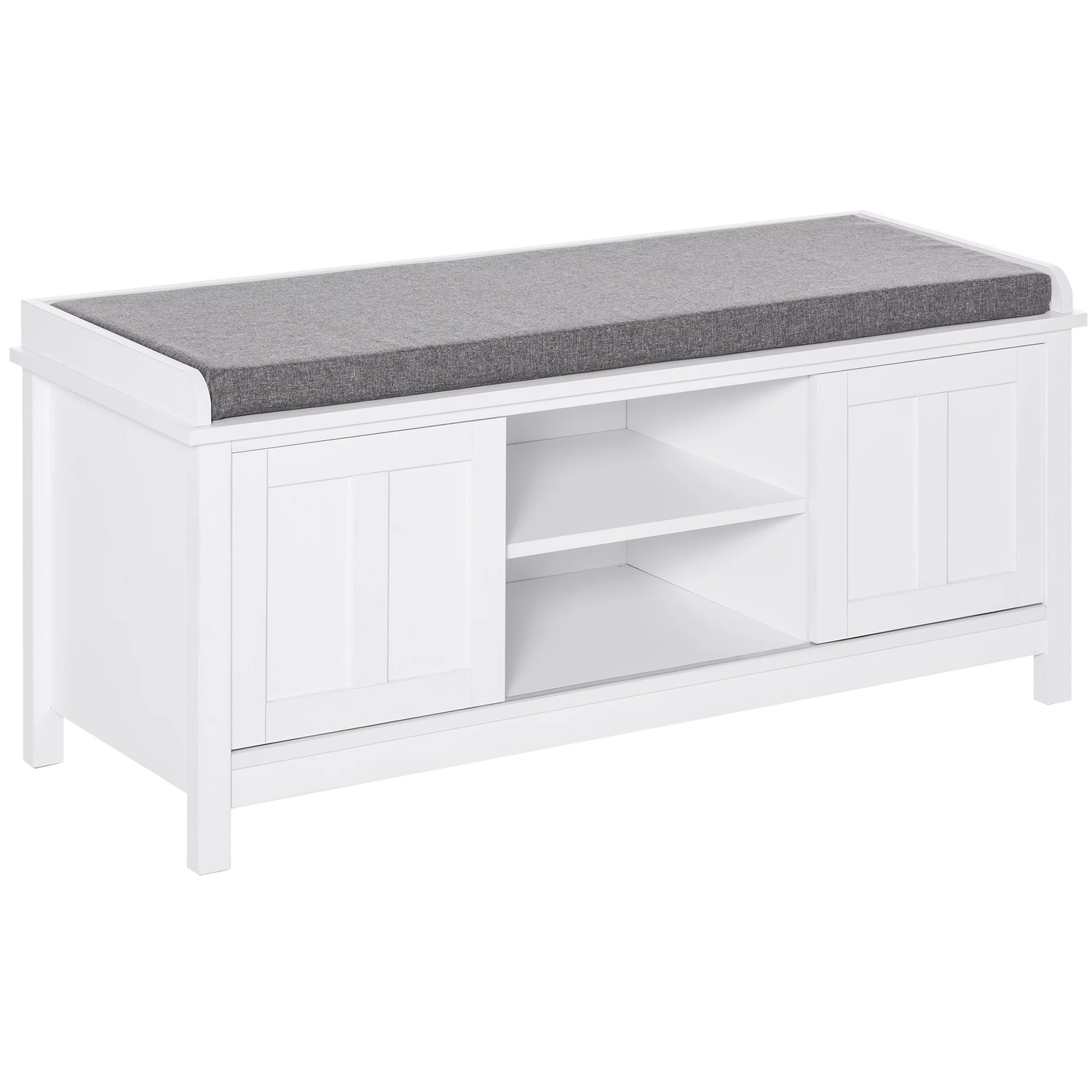 HOMCOM Entryway Shoe Bench Storage Ottoman with Sliding Doors, Adjustable Shelving, 6 Compartments, and Padded Seat, Holds 10 Pairs, White/Gray